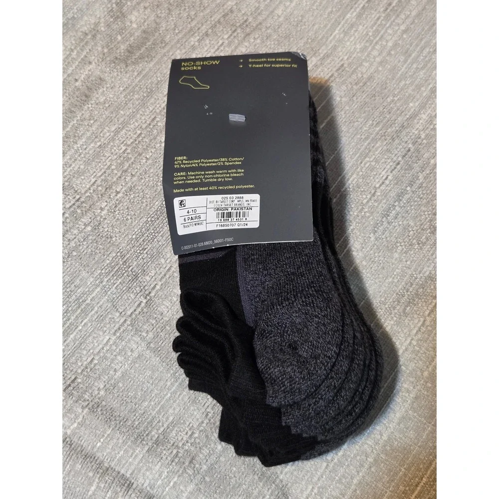 All in Motion Mens No-Show Socks 6 Pack Black Grey Shoe Size 4-10 Arch Support